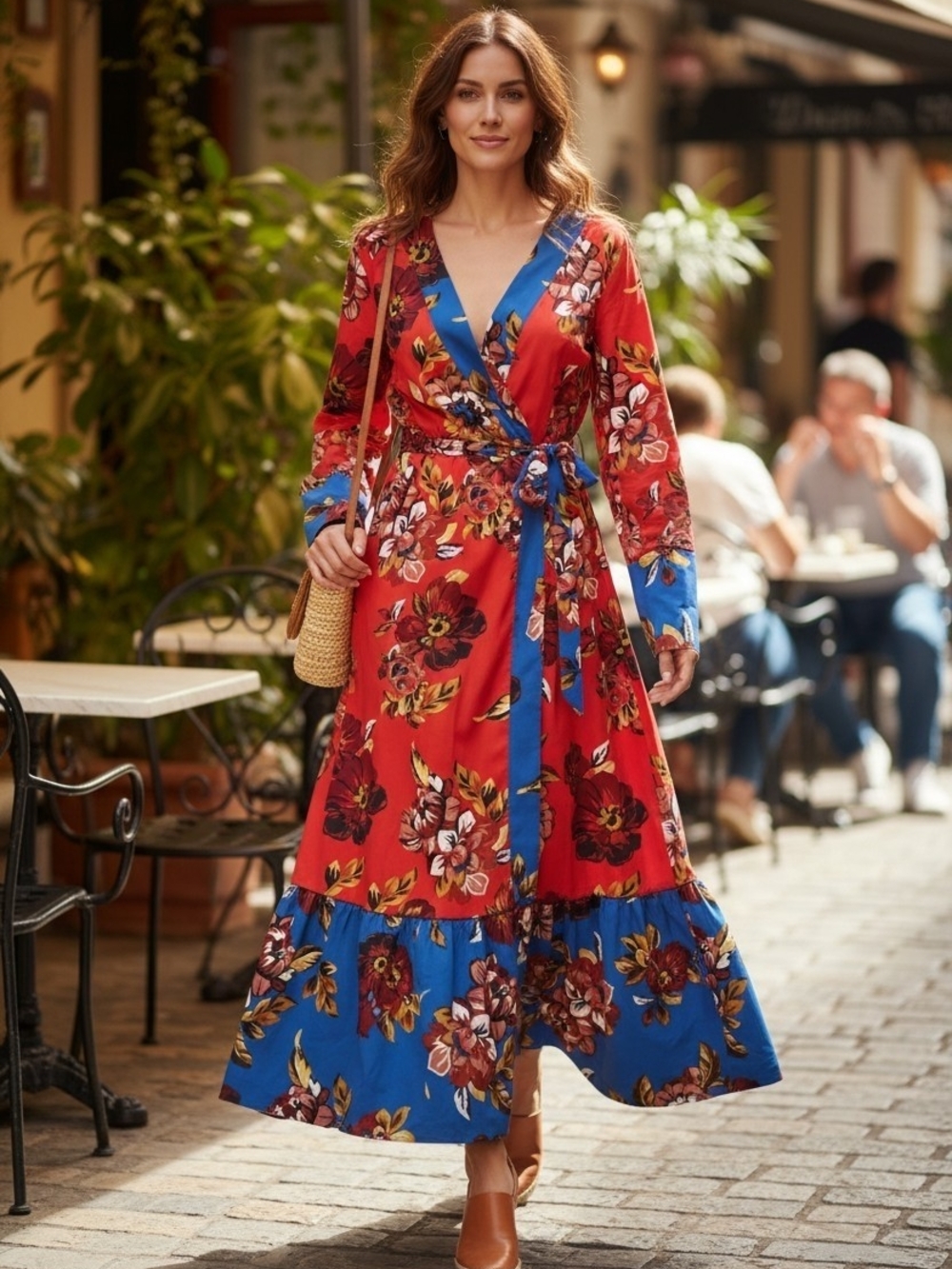 Belle Vere Floral Wrap Maxi Dress Long Sleeve Boho V Neck Tie Waist Size M